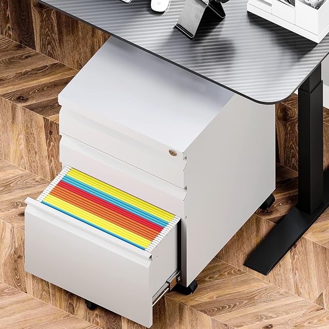 Yizosh 3 Drawer Mobile File Cabinet with Lock, White Under Desk Rolling Filing Cabinet, Metal Locking File Cabinet on Wheels for Legal/Letter/A4 File (Full Assemble)