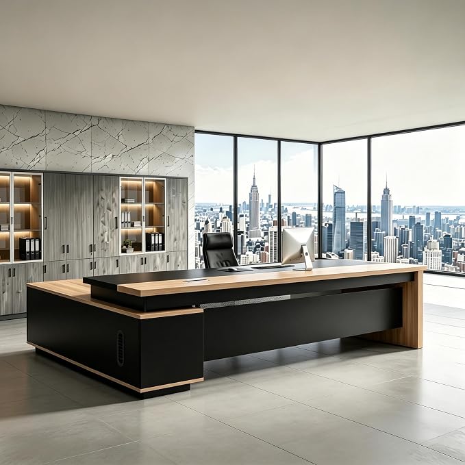 L Shaped Executive Desk with Drawers, Modern Large Wood Home Office Desk, Computer Desk with Storage for Boss Office Workstation