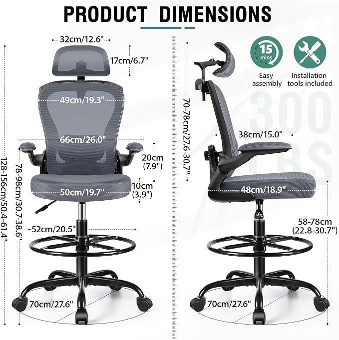 Drafting Chair, Tall Office Chair with 3D Lumbar & Head Support, Ergonomic Mesh Standing Desk Chair with Footring, Comfy Extended High Desk Chair with Flip-Up Arms & Hanger,Dark Gray