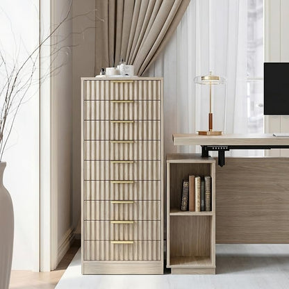 9 Drawer File Cabinet, Wooden Office Cabinet with Drawers, Fluted Storage Filing Drawer for Home Office, Light Walnut