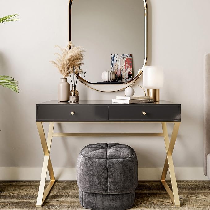 BELLEZE Modern 42 Inch Makeup Vanity Dressing Table or Home Office Computer Laptop Writing Desk with Two Storage Drawers, Wood Top, and Gold Metal Frame - Ellena (Black)