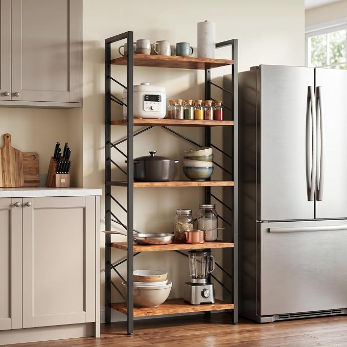 DurayLoly 2 Pieces 5 Tier Bookshelf, Tall Bookshelf with Metal Frame and Sidebars, Modern Bookcase for Bedroom, Home Office and Living Room, Rustic Brown