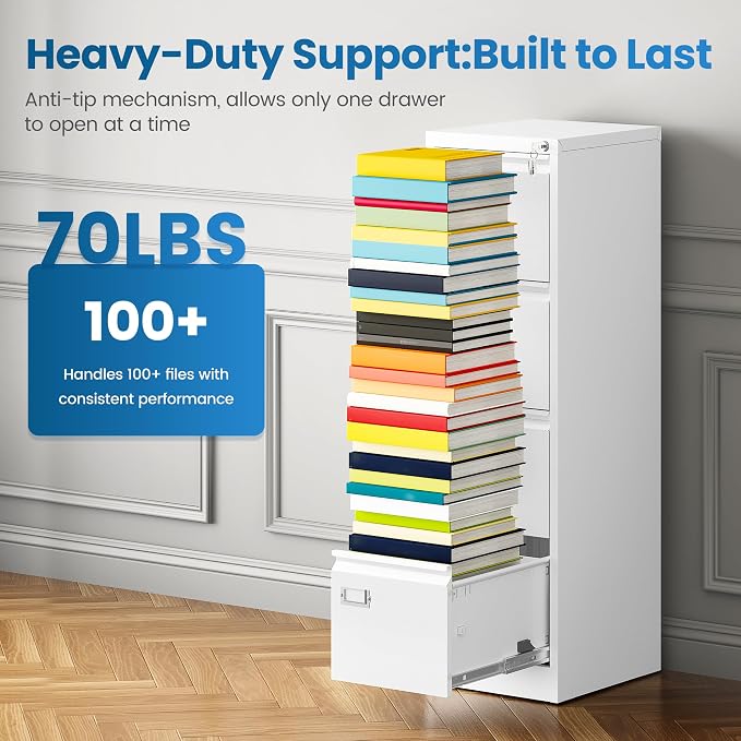 PEUKC 4-Drawer File Cabinet, 16.3" Deep Vertical Filing Cabinet with Lock, Metal File Cabinet for Home Office, Anti-Tip 4 Storage Drawers for Letter/Legal/A4/F4 Size (Assemble Required, White)