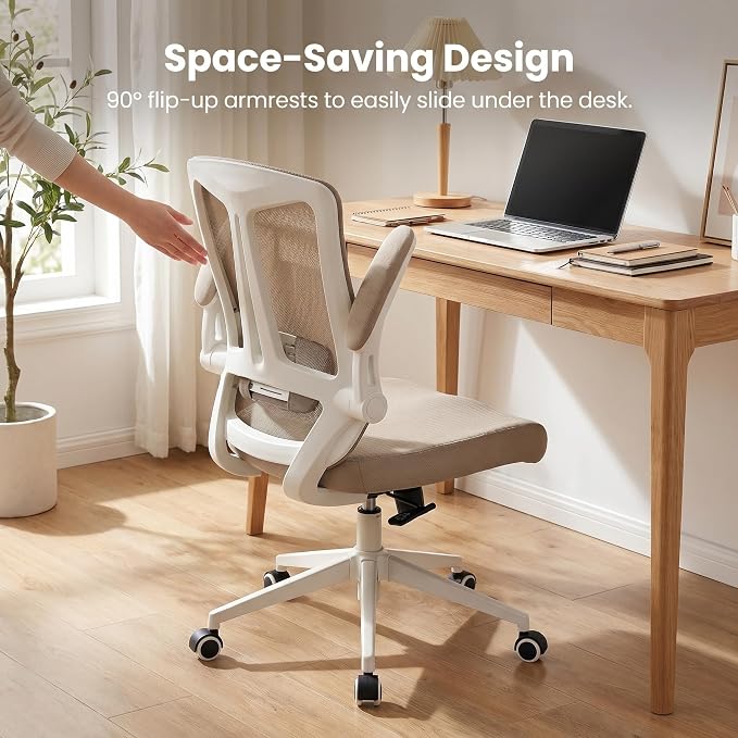 Ergonomic Office Chair with Adjustable Lumbar Support & Flip-Up Armrests - High Back Computer Desk Chair with Thickened Seat Cushion, Rolling Wheels for Home/Office Study Work (08khaki)