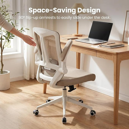 Ergonomic Office Chair with Adjustable Lumbar Support & Flip-Up Armrests - High Back Computer Desk Chair with Thickened Seat Cushion, Rolling Wheels for Home/Office Study Work (08khaki)