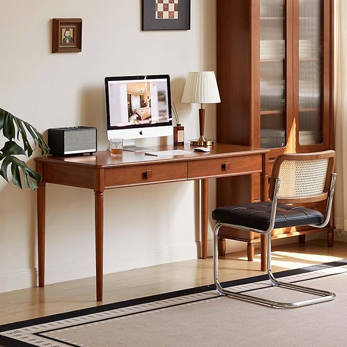 100% Solid Wood Desk Home Office Desk Mid Century Modern Writing Computer Desk with Drawer (55.1")