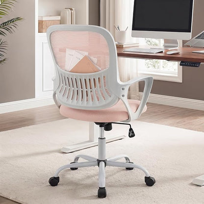 Home Office Desk Chair, Ergonomic Mid-Back Mesh Computer Task Chair with Comfortable Lumbar Support, Height Adjustable Swivel with Fixed Armrest for Adults, Student, Pink
