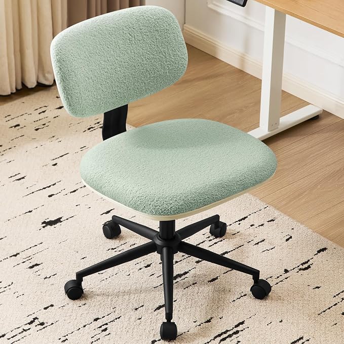 Armless 20" Wide Office Desk Chair, Comfy Desk Chair with Wheels Adjustable Height Swivel Rolling Chairs for Small Space Home Office Bedroom Study Vanity, Sherpa Mint-Green/PU