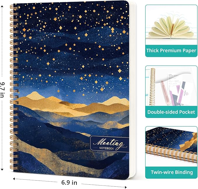 Meeting Notebook for Work Organization - Work notebook with action items, Meeting Minutes Planner Notebook, Perfect Office Supplies for Men & Women - Golden Night