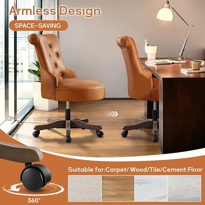 HUIMO Home Office Chair Upholstered Faux Leather PU Armless Desk Chair with Wheels Adjustable Height Computer Desk Chair with Wooden Legs Comfy Swivel Chair for Study Studio (Caramel Brown)