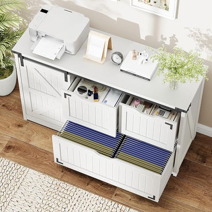 Halitaa 47.8” Farmhouse Lateral File Cabinet with Sliding Barn Door, 3 Drawers Filing Storage Cabinets with Adjustable Shelf, Office Printer Stand for Hanging Files Letter/Legal/A4/F4.Cream White