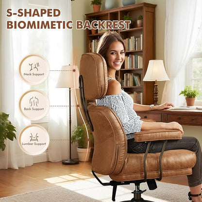 Faux Leather Executive Office Chair - Big and Tall Ergonomic Home Office Chair, Computer Desk Chairs with Lumbar Support,Adjustable Swivel Rolling PC Chairs with Wheels,Brown,Suede