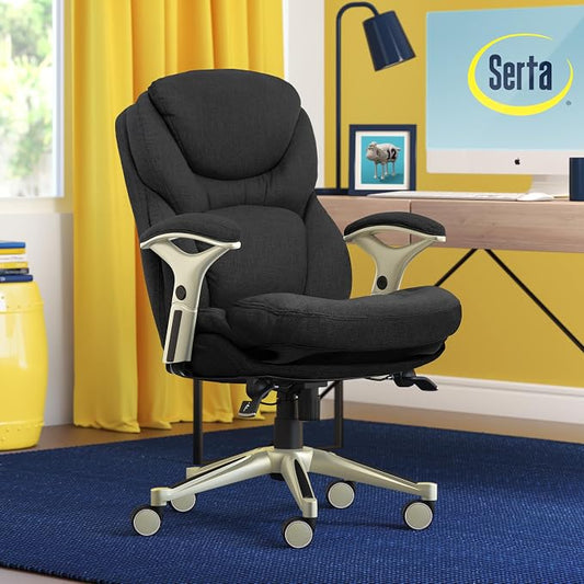 Serta Claremont Executive Office Chair with Back-In-Motion Technology, Ergonomic Mid-Back with Pivot Lumbar Support & Seat, Plush Cushion, Body Pillows, Adjustable Arms, Dark Gray Fabric