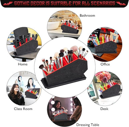 Gothic Coffin Decor Makeup Brush Holder,Spooky Witchy Gifts for Women,Bat Cosmetic Display Cases,Goth Decor Pen Holder, Vanity, Desk, Office Organizer for Bedroom Bathroom (Red)