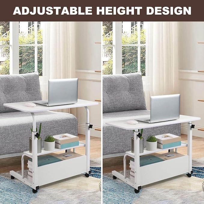 Adjustable Height Mobile Computer Desk for Small Space Rolling Writing with Wheels Corner Home Office Study Portable Bedrooms Work Desk Standing Table Sizes 31.5X15.7 Inches White
