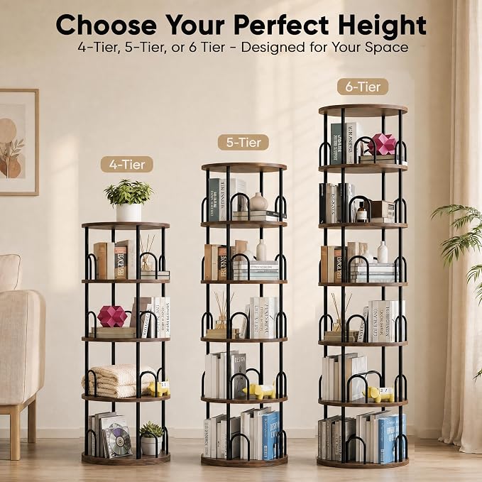 6 Tier Rotating Bookshelf Tower, Standing Tall Corner Wood, Black Metal Modern Book Shelf Organizer Retro Vintage Rustic Farmhouse Large Bookshelf Book Display Furniture for Your Home, Office, Kids