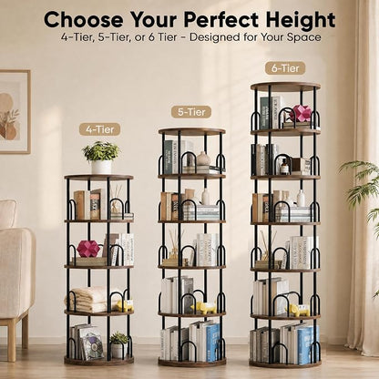 6 Tier Rotating Bookshelf Tower, Standing Tall Corner Wood, Black Metal Modern Book Shelf Organizer Retro Vintage Rustic Farmhouse Large Bookshelf Book Display Furniture for Your Home, Office, Kids