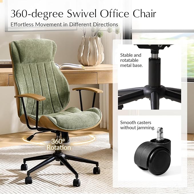 HULALA HOME Solid Wood Office Chair with Tilt Function, Mid Century Modern Bentwood Desk Chair with High Backrest, Height Adjustable Swivel Fabric Computer Task Chair, Green