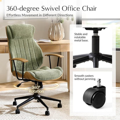 HULALA HOME Solid Wood Office Chair with Tilt Function, Mid Century Modern Bentwood Desk Chair with High Backrest, Height Adjustable Swivel Fabric Computer Task Chair, Green