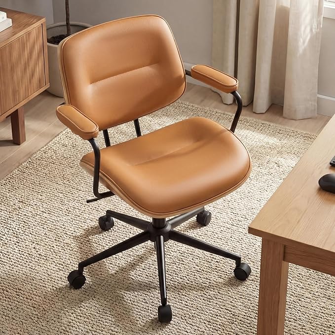 Mid Century Modern Office Chair with Adjustable Backrest, Wooden Desk Chair with Armrests, Swivel Height Adjustable Home Office Chair, Comfortable Task Chair for Home Office, Brown