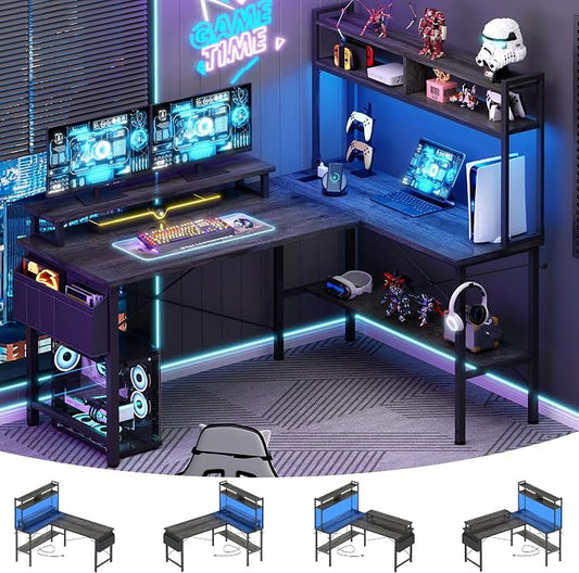 Aheaplus L Shaped Gaming Desk with Power Outlets & LED Lights, Small L- Shaped Desk Computer Corner Desk with Monitor Stand & Storage Shelf, Home Office Desk Writing Desk with Storage Bag, Grey Oak