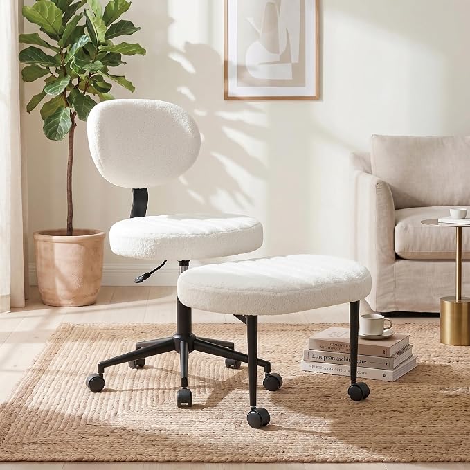 Cross Legged Office Chair with Wheels, 360 Swivel Height-Adjustable Meditation Chair with Lumbar Support, White
