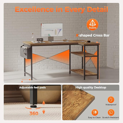 Mericonia Small L Shaped Computer Desk with Power Outlets, Reversible Gaming Desk with Storage Shelves, Corner Gamer Desk Table, Study Writing Table