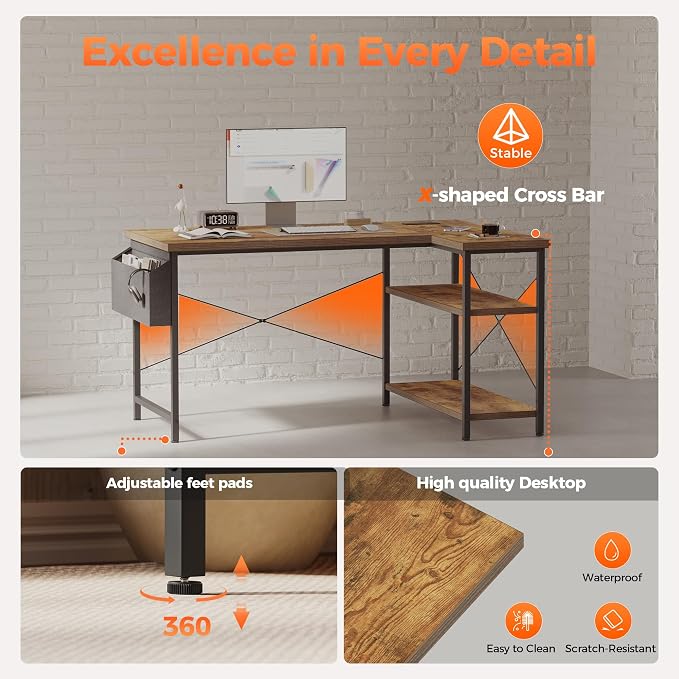 Mericonia Small L Shaped Computer Desk with Power Outlets, Reversible Gaming Desk with Storage Shelves, Corner Gamer Desk Table, Study Writing Table