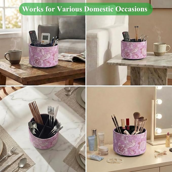 Round Leather Art Supply Organizer,Remote Control Holder,360 Degree Spinning,Multi-Functional Pencil Holder,4 Compartments Desktop Stationary Organizer(1-Purple Bird)