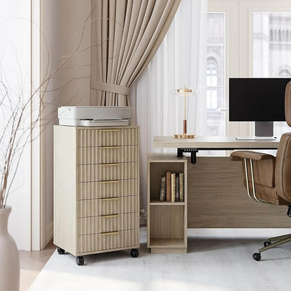 7 Drawer File Cabinet with Wheels for Home Office, Light Walnut | Fluted 7 Drawer Chest, Wood File Cabinet with Lockable Wheels, Anti-Tip Design