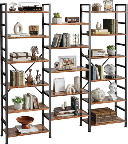 SUPERJARE Triple Bookshelf, Bookcase with 17 Open Display Shelves, Wide Book Shelf Book Case for Home & Office, 6 Tier, Brown, ABC003Z