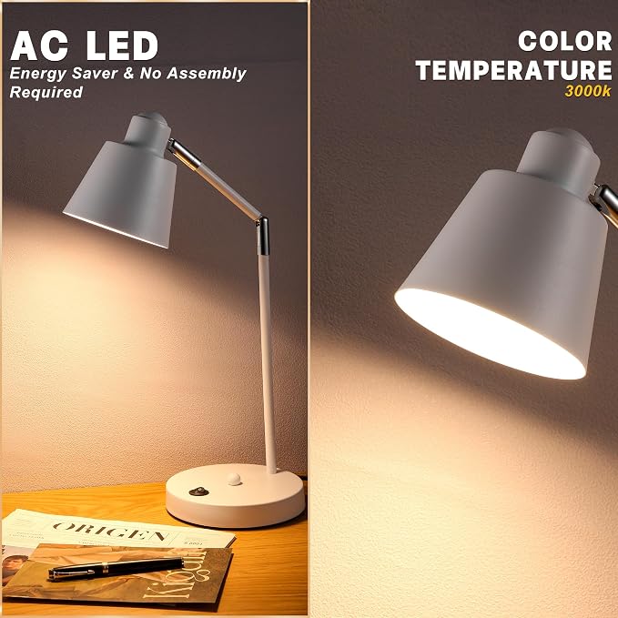 Anxingtools LED Desk Lamp with Dual USB Charging Ports, 100% Metal, 270° Swivel Arms, Soft White Light (3000K), Bedside Reading Lamp, Home Office Lamp(White)