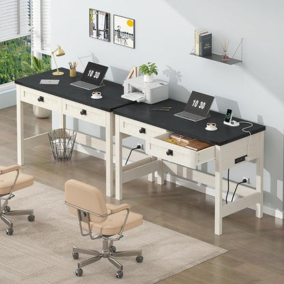 YOMILUVE Farmhouse Computer Desk with 2 Drawers, 39 Inch Small Office Computer Desk with Power Outlets, Compact Writing Study Vanity Desk for Small Spaces, Black and White