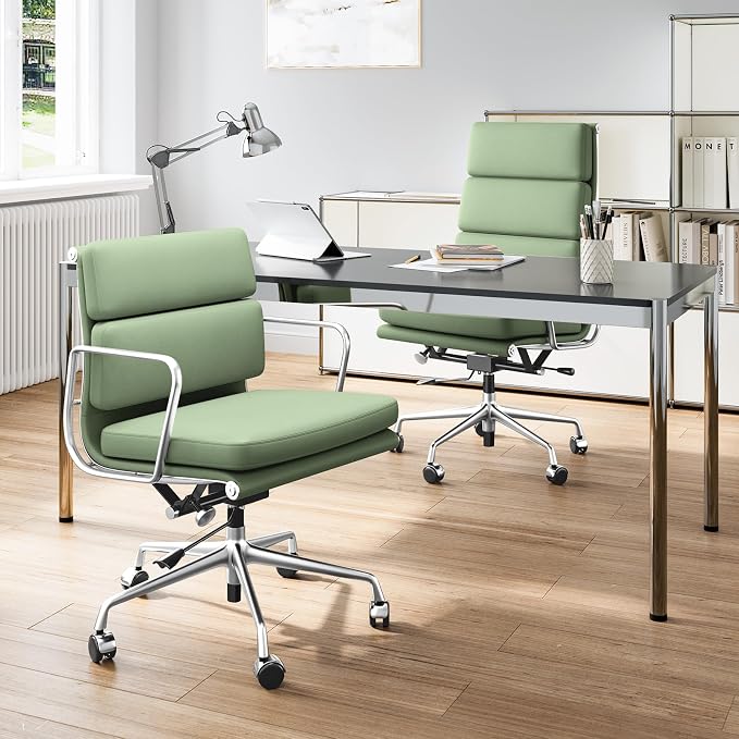Genuine Leather Office Chair, Padded Mid Back Ergonomic Executive Desk Chair with Aluminum Arm Rest and Base, Swivel Wheels with Lumbar Support & Tilting Function, Hight Adjustable, Light Green