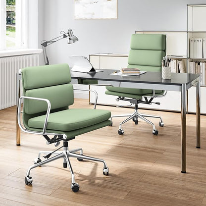 Genuine Leather Office Chair, Padded Mid Back Ergonomic Executive Desk Chair with Aluminum Arm Rest and Base, Swivel Wheels with Lumbar Support & Tilting Function, Hight Adjustable, Light Green