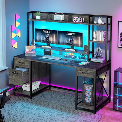 DWVO Computer Desk with Drawers & Hutch, 59.1" Office Desk with Power Outlets & LED Lights, Home Office Desk with Storage Shelves, Grey