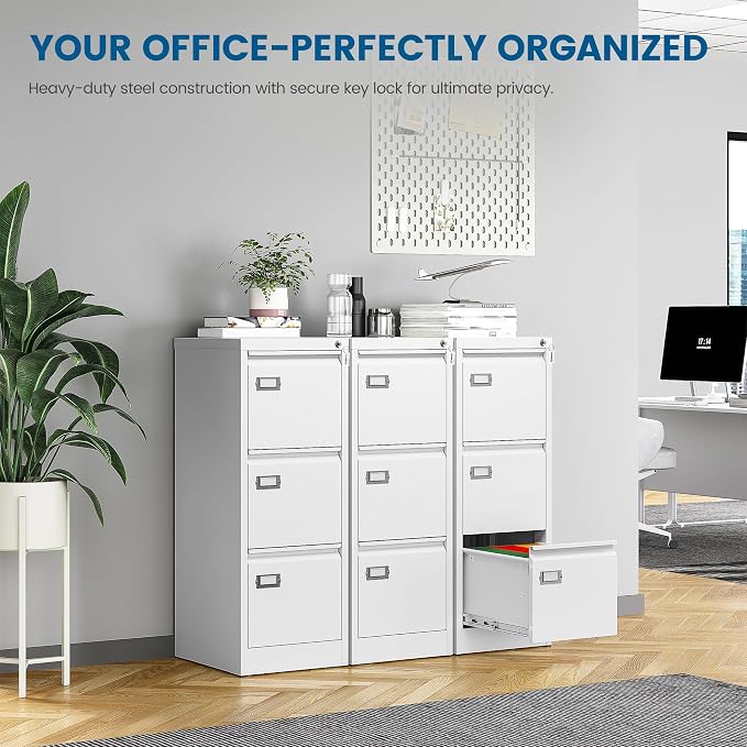 PEUKC 3-Drawer File Cabinet with Lock, 16.3" Deep Vertical Filing Cabinets, Metal File Cabinets for Home Office, Anti-Tip 3 Storage Drawers for Letter/Legal/A4/F4 Size (Assemble Required, White)