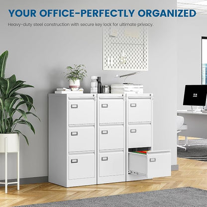 PEUKC 3-Drawer File Cabinet with Lock, 16.3" Deep Vertical Filing Cabinets, Metal File Cabinets for Home Office, Anti-Tip 3 Storage Drawers for Letter/Legal/A4/F4 Size (Assemble Required, White)