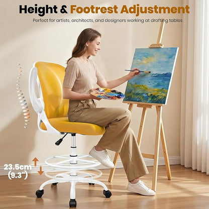 Primy Drafting Chair Tall Office Chair with Flip-up Armrests Executive Ergonomic Computer Standing Desk Chair with Lumbar Support and Adjustable Footrest Ring (Mustard)