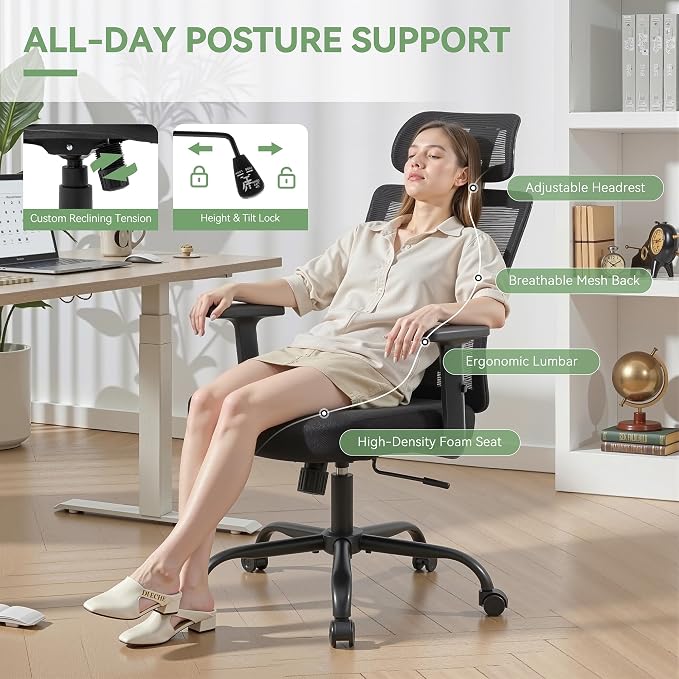 Ergonomic Office Chair Mesh Back, Office Desk Chair with Adjustable Lumbar Support, Rolling Work Chairs with Wheels and 3D Headrest, Set of 4, Black