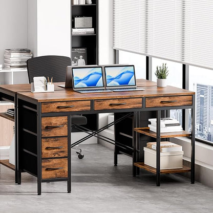 55" Computer Desk with 6 Drawers, Home Office Gaming Desks with Storage Shelves for Bedroom, Writing Study Corner Living Room Work Table Brown