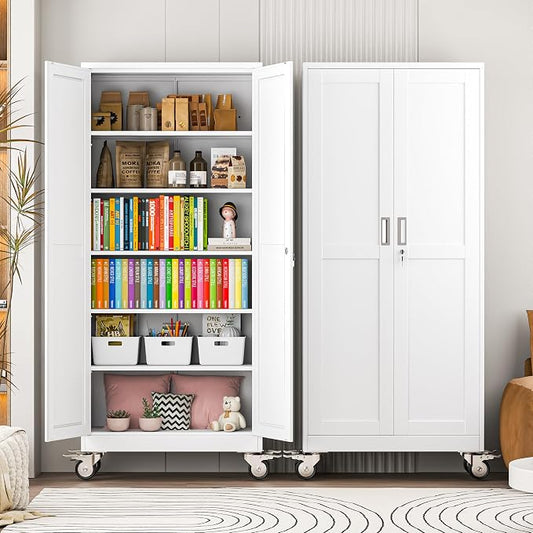winiowa 75" Tall Metal Garage Storage Cabinet with Wheels, Steel Locking Rolling Tool Cabinet with 5 Adjustable Shelves for Garage,Home,Office (White)