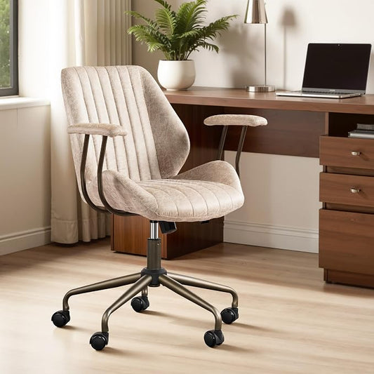ovios Home Office Chair, Mid-Century Modern Faux Suede Leather Ergonomic Chairs, Mid Back Comfy Computer Swivel Rolling Task Executive Armchair, Beige