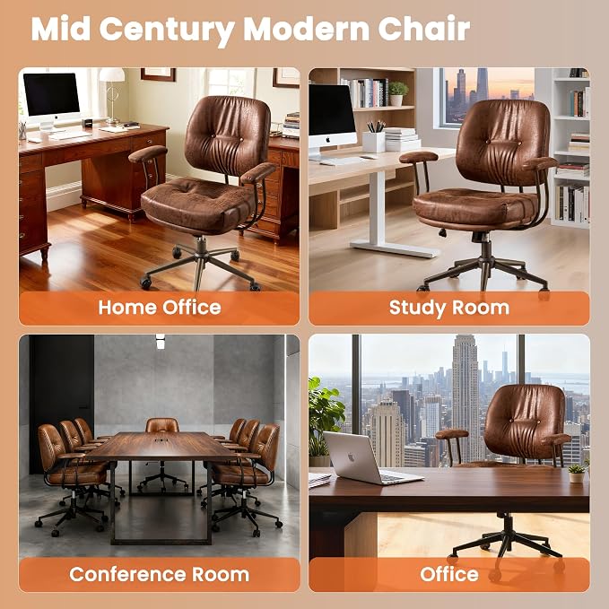 Leather Home Office Chair, Mid Back Ergonomic Desk Chair with Lumbar Support, Mid Century Modern Deep Seat Swivel Rocking Computer Chair, Dark Brown
