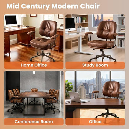 Leather Home Office Chair, Mid Back Ergonomic Desk Chair with Lumbar Support, Mid Century Modern Deep Seat Swivel Rocking Computer Chair, Dark Brown