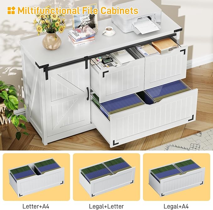 Halitaa 47.8” Farmhouse Lateral File Cabinet with Sliding Barn Door, 3 Drawers Filing Storage Cabinets with Adjustable Shelf, Office Printer Stand for Hanging Files Letter/Legal/A4/F4.Cream White