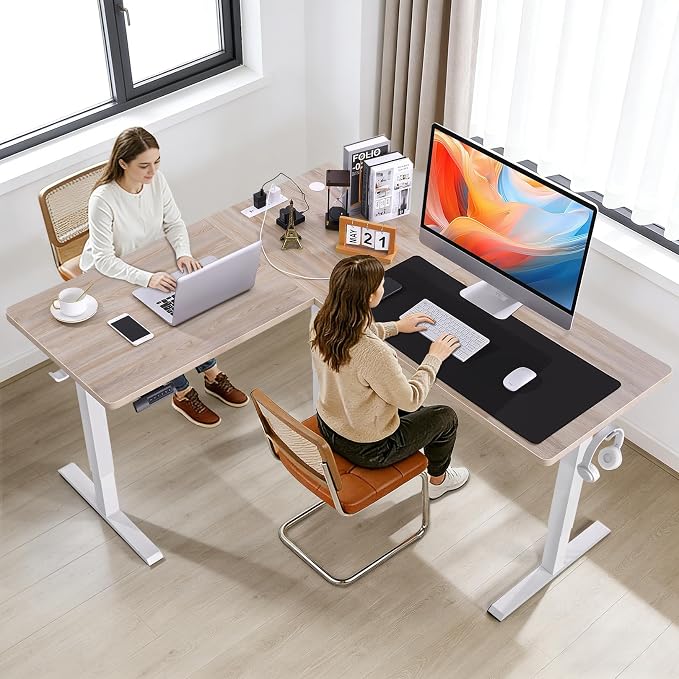 63” L Shaped Standing Desk with Charging Station, Supports Left and Right Swapping, Electric Height Adjustable Corner Stand Up Desk. Free Hook, Lockable Wheels,Mouse Pad,Oak