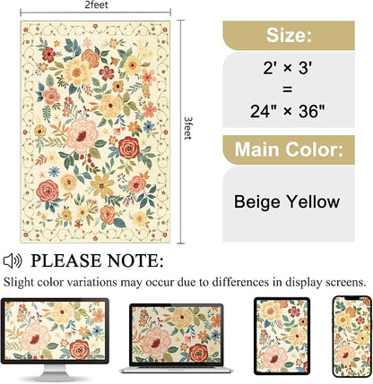 DUKINO 2x3 Rugs for Entryway, Floral Indoor Washable Door Mat, Non Slip Boho Small Rug for Kitchen, Soft Low Pile Front Door Throw Rug for Entrance, Bedroom, Kitchen, Laundry, Bathroom, Beige Yellow