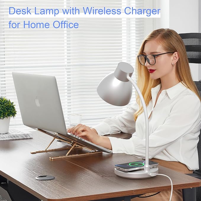 Desk Lamp for Home Office - LED Desk Lamp with Wireless Charger, 3 Color Modes Dimmable Eye-Caring Study Reading Desk Light, Small Flexible Arm Table Lamp for College Dorm Room Bedside, Silver