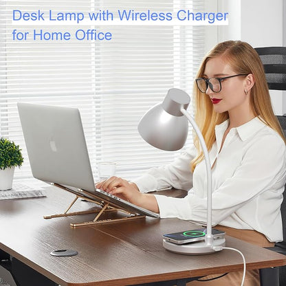 Desk Lamp for Home Office - LED Desk Lamp with Wireless Charger, 3 Color Modes Dimmable Eye-Caring Study Reading Desk Light, Small Flexible Arm Table Lamp for College Dorm Room Bedside, Silver